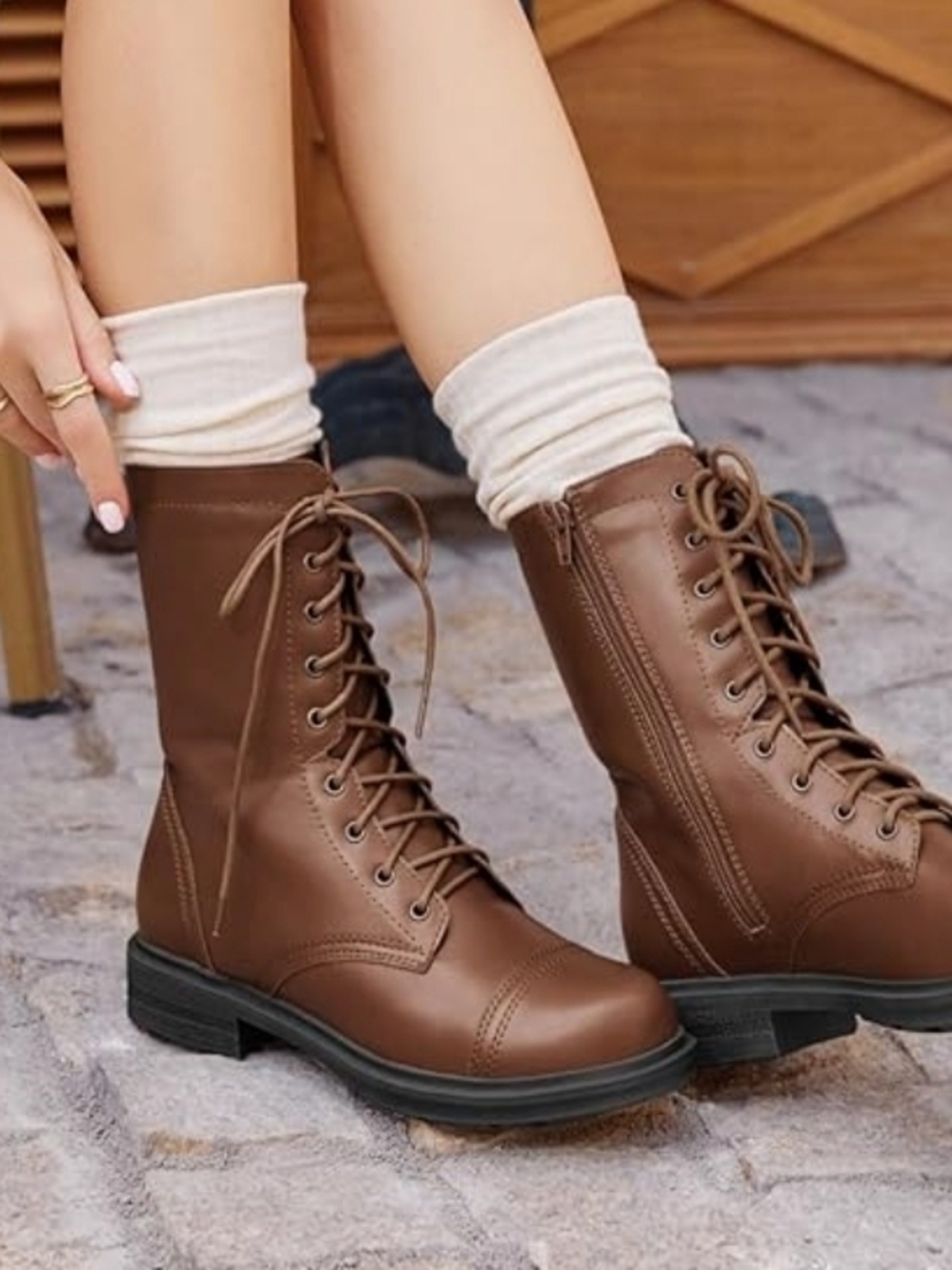 NIB sz 10 Coutgo Womens Mid Calf Combat Boots Low Heel Lace Up Round Toe Militar